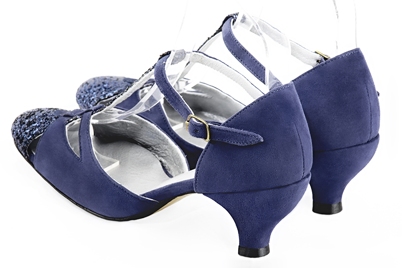 Prussian blue women's T-strap open side shoes. Round toe. Medium spool heels. Rear view - Florence KOOIJMAN